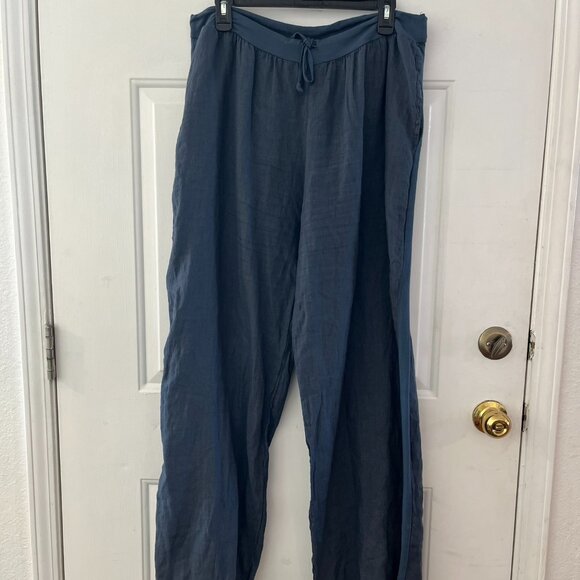 Flax Woman's Blue Flat Iron 100% Linen Lagoon-Look Bohemian Boho Pants Sz Lr - Picture 1 of 10